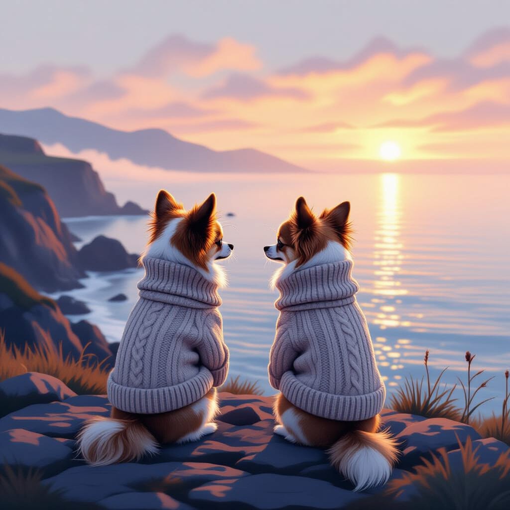 2 Chis at foggy sunrise